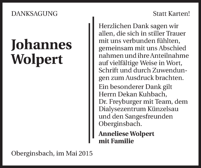  Traueranzeige für Johannes Wolpert vom 23.05.2015 aus 
