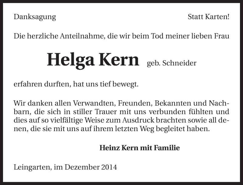  Traueranzeige für Helga Kern vom 27.12.2014 aus 