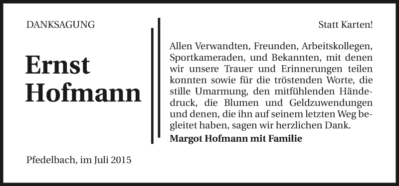  Traueranzeige für Ernst Hofmann vom 18.07.2015 aus 
