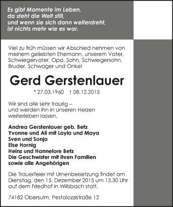 Traueranzeige von Gerd Gerstenlauer 