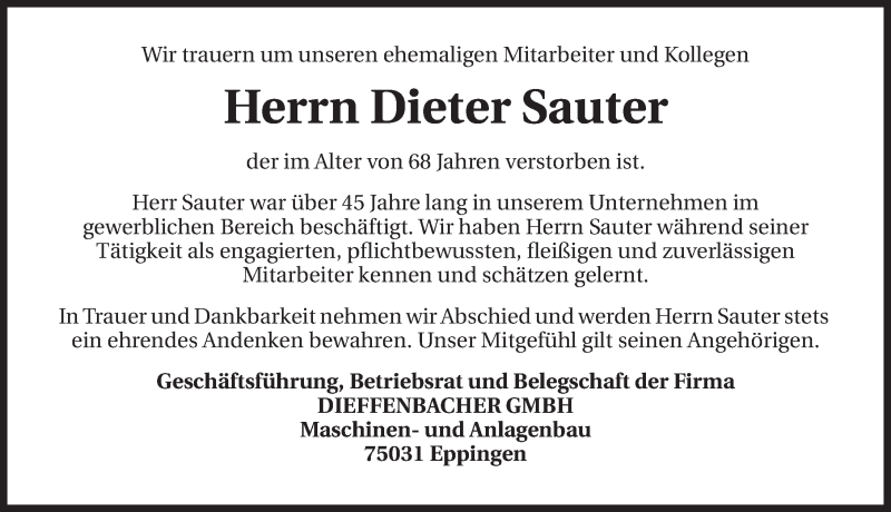  Traueranzeige für Dieter Sauter vom 13.04.2015 aus 