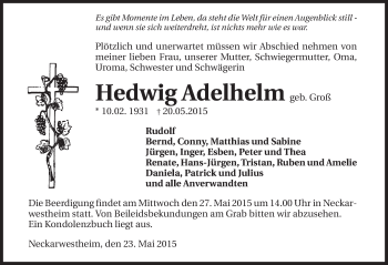 Traueranzeige von Hedwig Adelhelm 