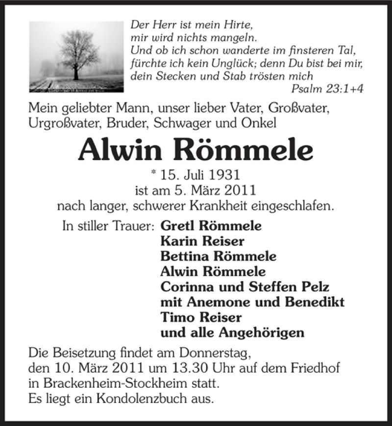  Traueranzeige für Alwin Römmele vom 07.03.2011 aus 