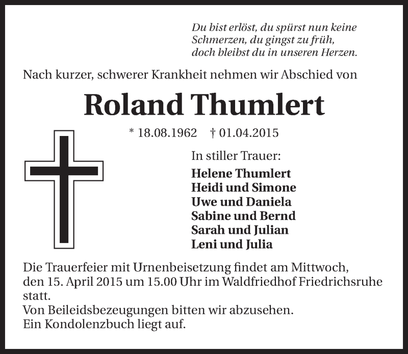  Traueranzeige für Roland Thumlert vom 10.04.2015 aus 