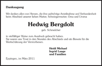 Traueranzeige von Hedwig Bergdolt 