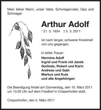 Traueranzeige von Arthur Adolf 