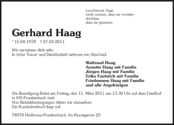 Traueranzeige von Gerhard Haag 