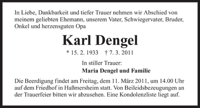  Traueranzeige für Karl Dengel vom 10.03.2011 aus 