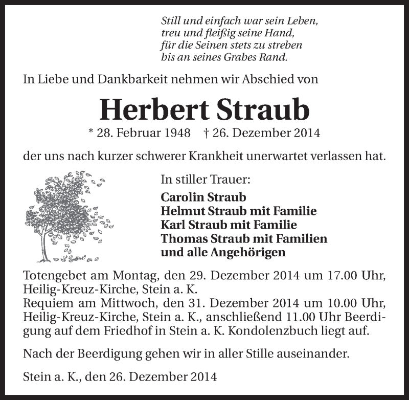  Traueranzeige für Herbert Straub vom 29.12.2014 aus 