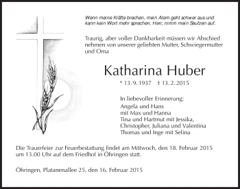 Traueranzeige von Katharina Huber 