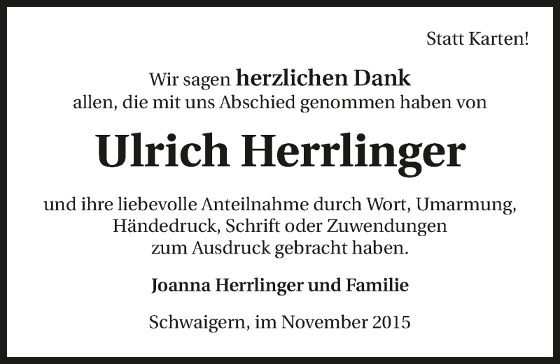  Traueranzeige für Ulrich Herrlinger vom 27.11.2015 aus 
