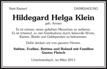 Traueranzeige von Hildegard Helga Klein 