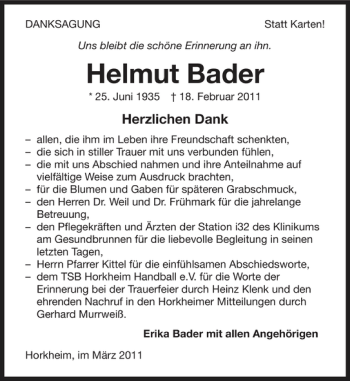 Traueranzeige von Helmut Bader 