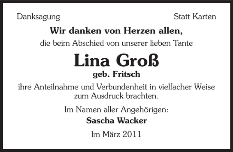  Traueranzeige für Lina Groß vom 12.03.2011 aus 
