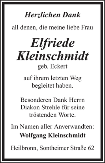 Traueranzeige von Elfriede Kleinschmidt 