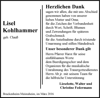 Traueranzeige von Lisel Kohlhammer 