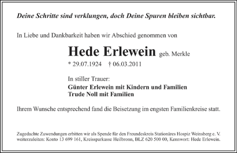  Traueranzeige für Hede Erlewein vom 14.03.2011 aus 