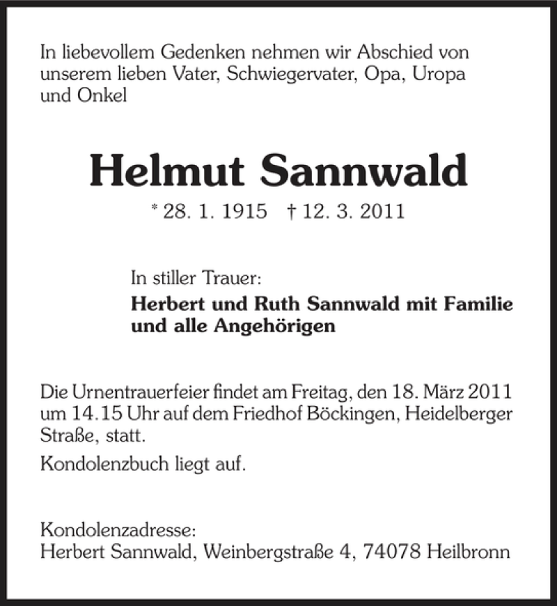  Traueranzeige für Helmut Sannwald vom 15.03.2011 aus 