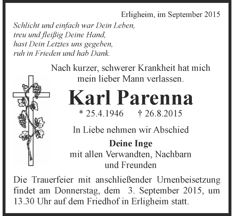  Traueranzeige für Karl Parenna vom 01.09.2015 aus 