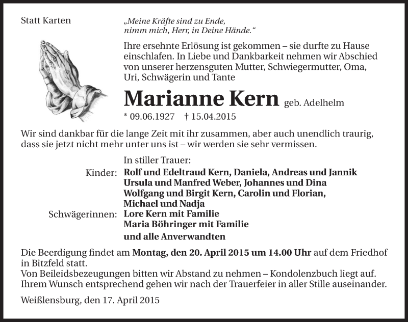  Traueranzeige für Marianne Kern vom 17.04.2015 aus 
