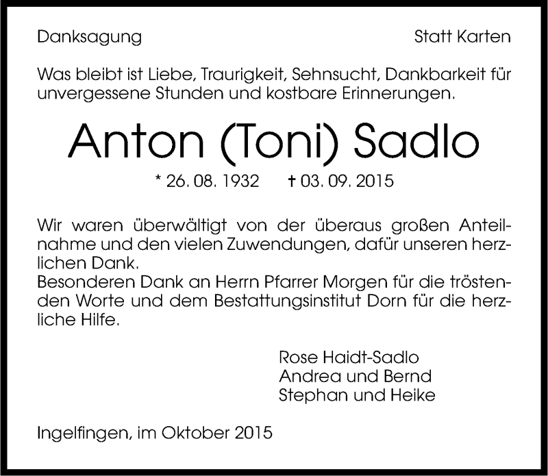  Traueranzeige für Anton Sadlo vom 05.10.2015 aus 