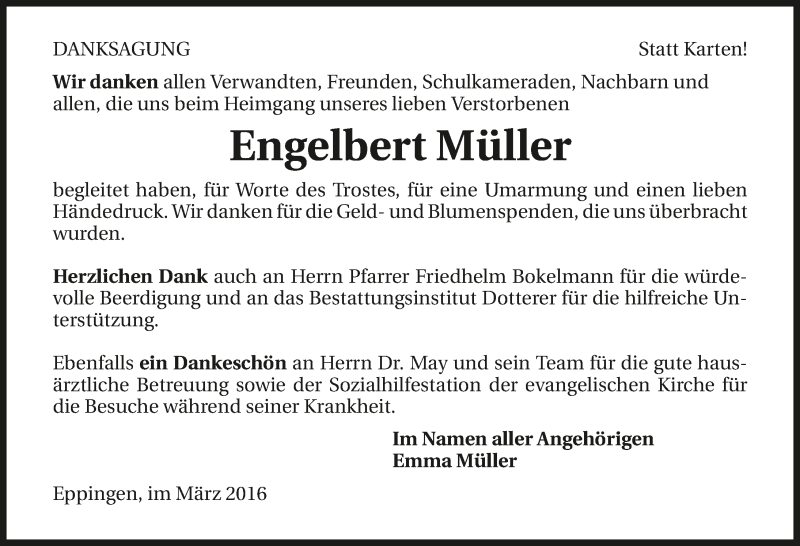  Traueranzeige für Engelbert Müller vom 08.03.2016 aus 