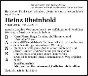 Traueranzeige von Heinz Rheinhold 