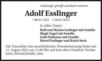 Traueranzeige von Adolf Esslinger 