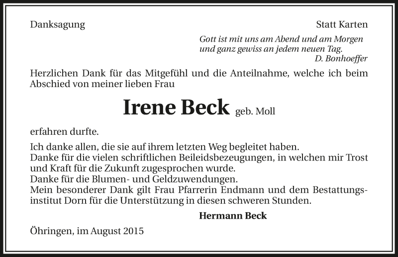  Traueranzeige für Irene Beck vom 21.08.2015 aus 