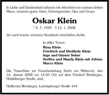 Traueranzeige von Oskar Klein 