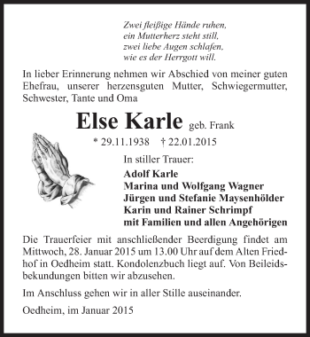 Traueranzeige von Else Karle 