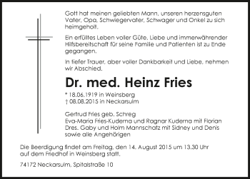 Traueranzeige von Heinz Fries 