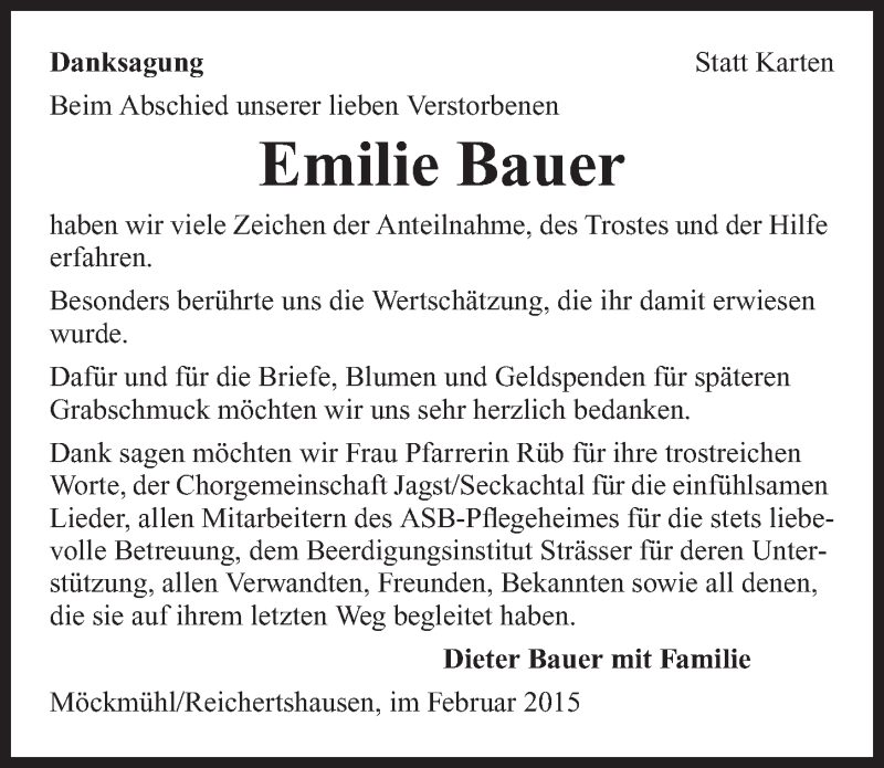  Traueranzeige für Emilie Bauer vom 25.02.2015 aus 