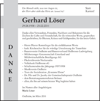 Traueranzeige von Gerhard Löser 