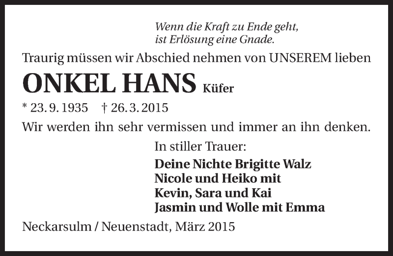  Traueranzeige für Hans Küfer vom 28.03.2015 aus 