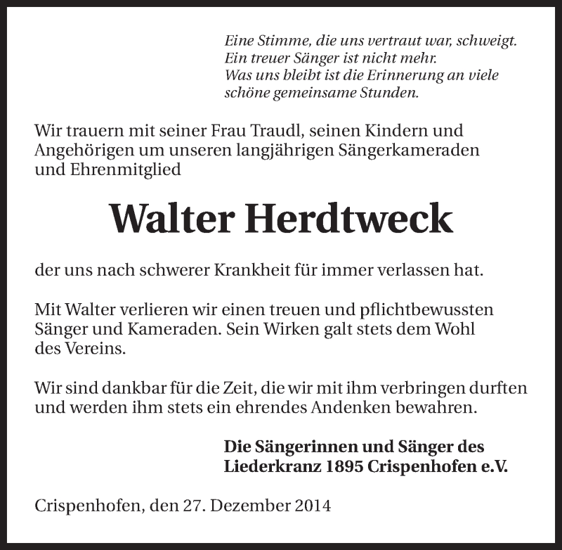  Traueranzeige für Walter Herdtweck vom 30.12.2014 aus 