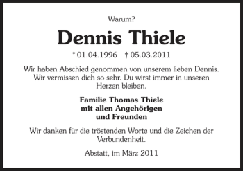 Traueranzeige von Dennis Thiele 