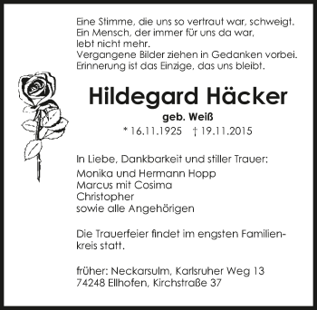 Traueranzeige von Hildegard Häcker 