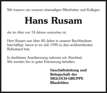 Traueranzeige von 1-288-1000 Rusam 
