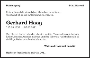 Traueranzeige von Gerhard Haag 