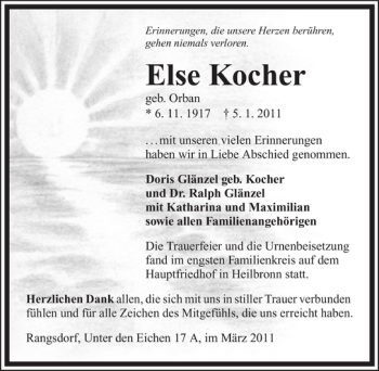 Traueranzeige von Else Kocher 