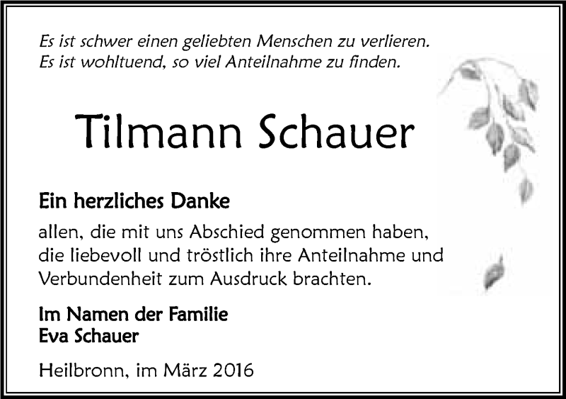  Traueranzeige für Tilmann Schauer vom 12.03.2016 aus 