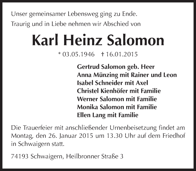  Traueranzeige für Karl Heinz Salomon vom 23.01.2015 aus 