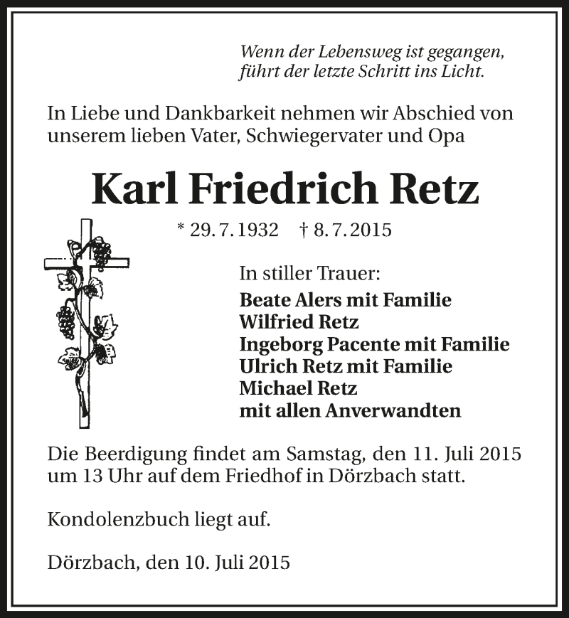  Traueranzeige für Karl Friedrich Retz vom 10.07.2015 aus 