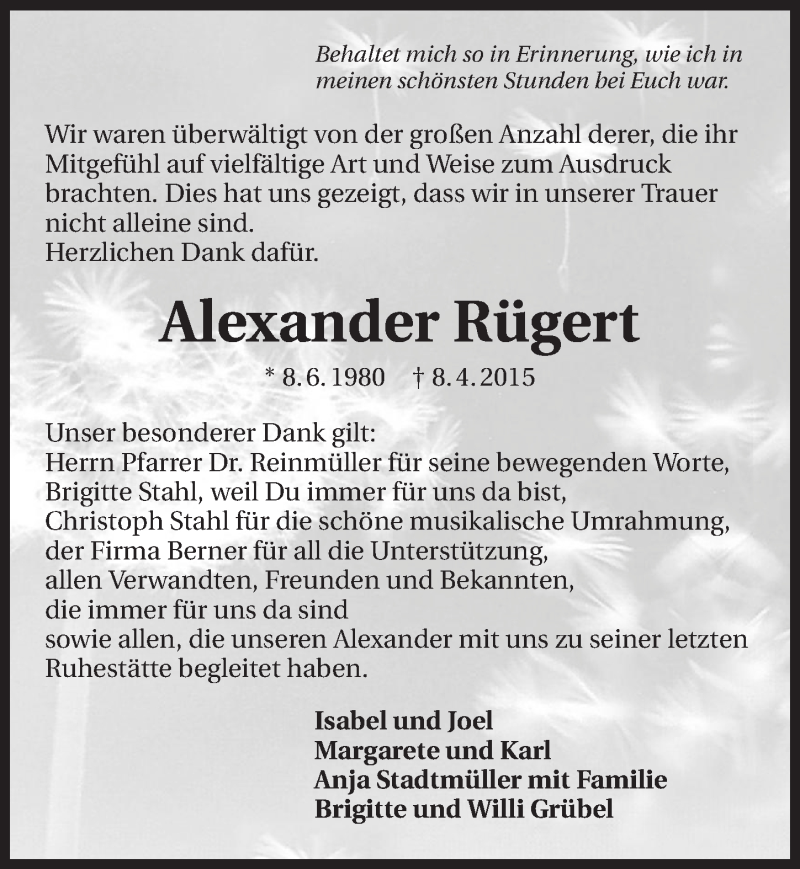  Traueranzeige für Alexander Rügert vom 16.05.2015 aus 