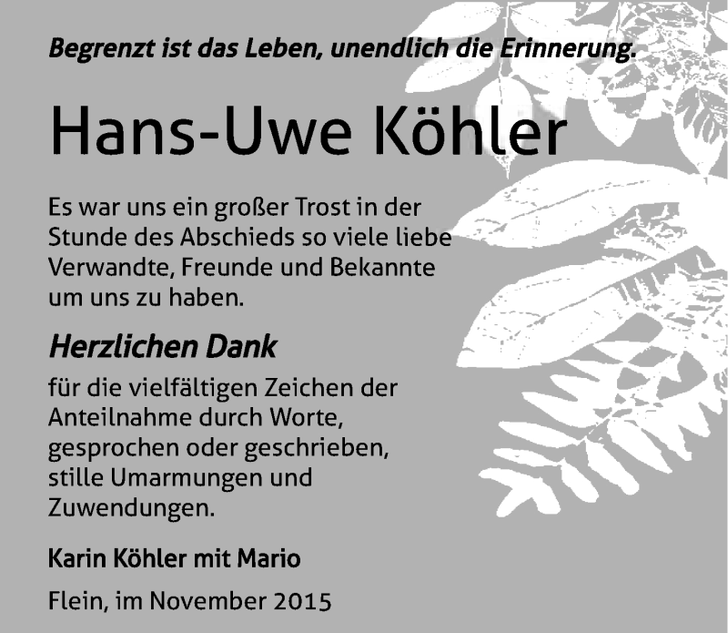  Traueranzeige für Hans-Uwe Köhler vom 28.11.2015 aus 