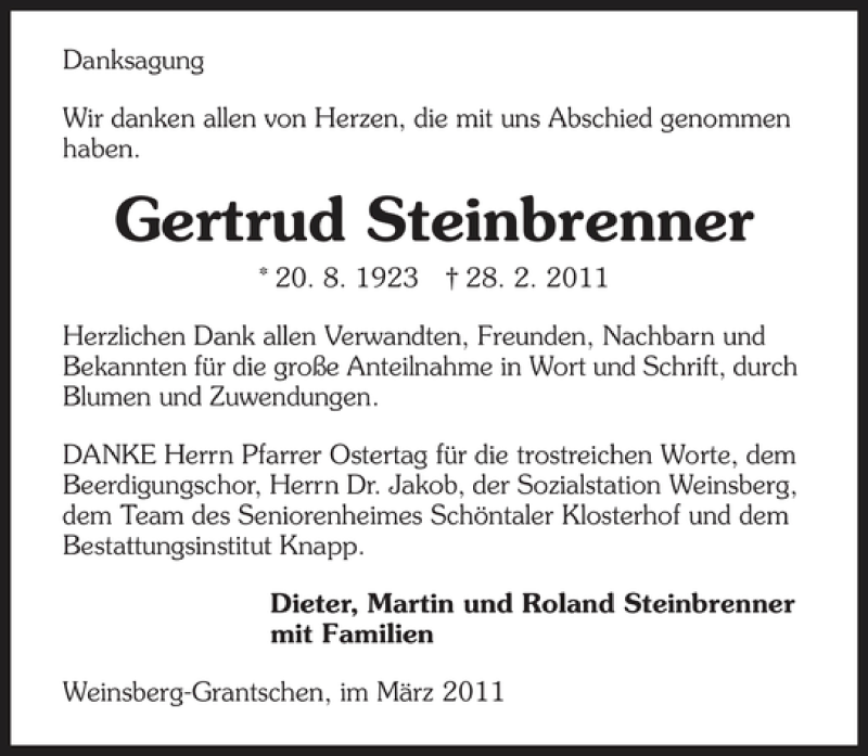  Traueranzeige für Gertrud Steinbrenner vom 21.03.2011 aus 