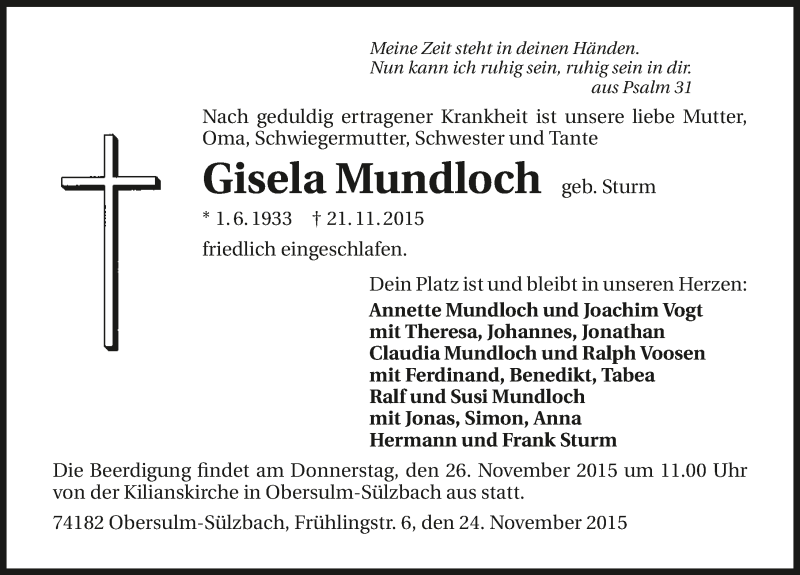  Traueranzeige für Gisela Mundloch vom 24.11.2015 aus 