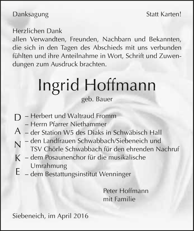  Traueranzeige für Ingrid Hoffmann vom 08.04.2016 aus 