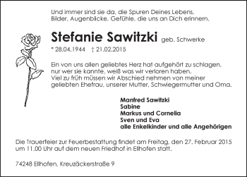 Traueranzeige von Stefanie Sawitzki 